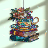 Teacup with Flowers Acrylic Suncatcher, Stained Glass Style Books and Tea Window Hanging, Cozy Cottagecore Reading Lover Gift Decor